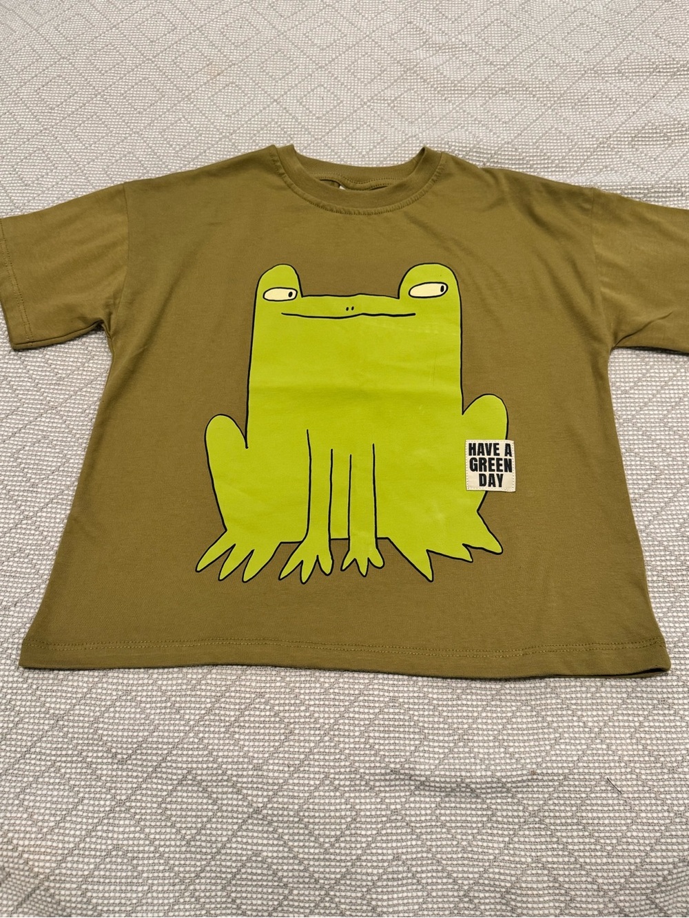 Zara Olive Green Kids Tee with Bright Green Frog Graphic